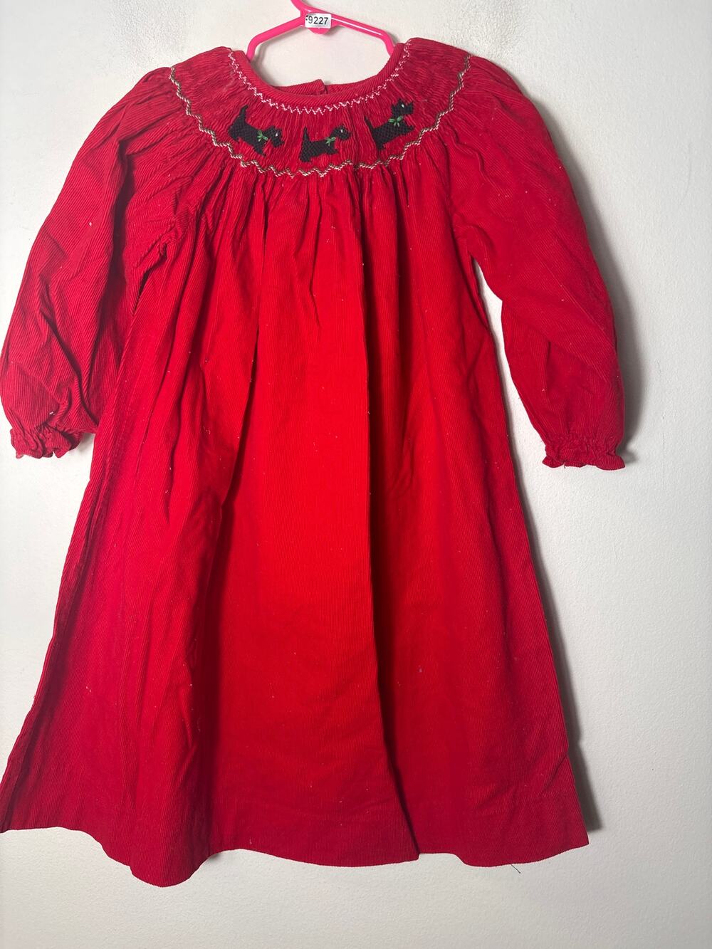 Girls Vintage Be Mine Red Corduroy 3/4 sleeve Smocked Dog Dress Sz 4